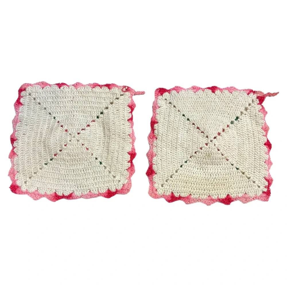 40's Vintage 3D Crochet Rose Potholders Set Cottagecore Grannycore Hot Pads